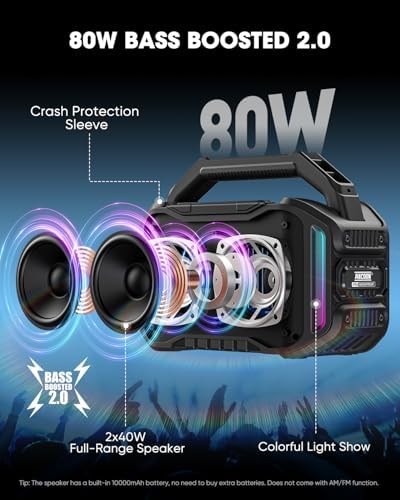 Speakers Bluetooth Wireless: 80W(Peak) Loud Speaker with Bass, 20H Playtime, IPX6 Waterproof, Large Jobsite Speakers for Work, Outdoor, Workshop, Garage, Portable Speaker with TWS (Black) - Image 2