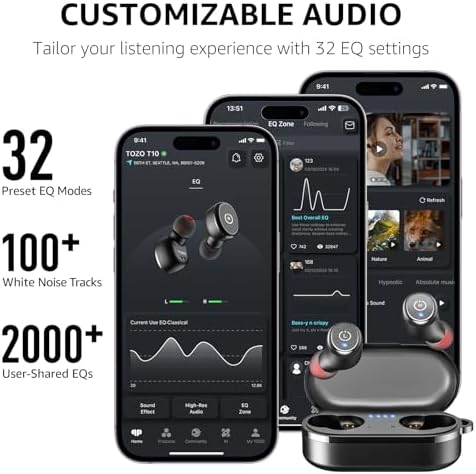TOZO T10 Wireless Earbuds Bluetooth 5.3 Headphones, App Customize EQ, Ergonomic Design, 55H Playtime, Wireless Charging Case, IPX8 Waterproof Sound in-Ear Headset, 2025 New Version - Image 6